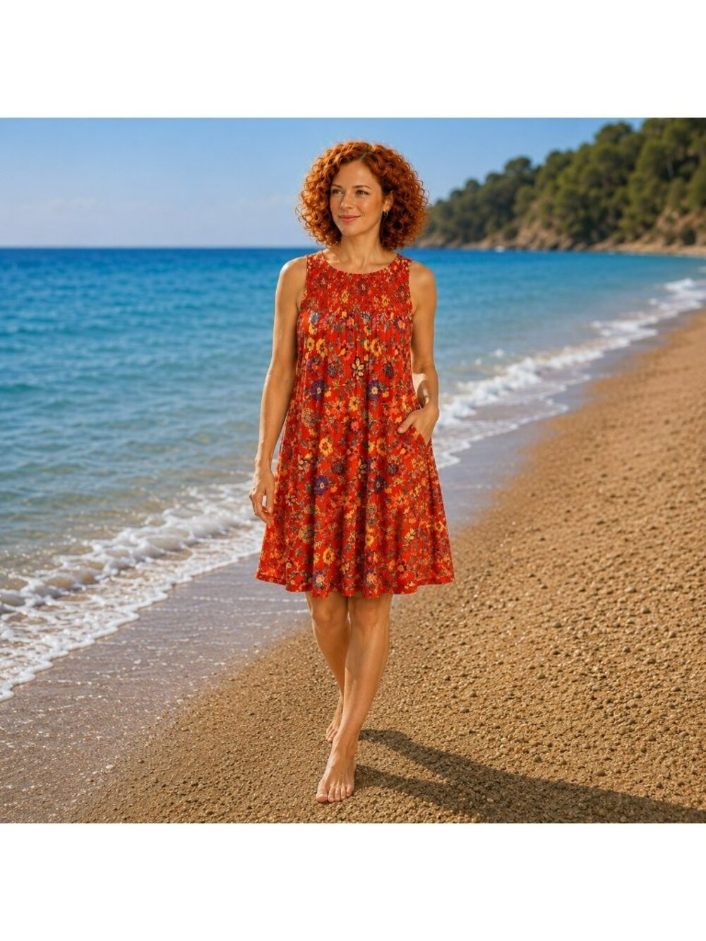 Free People Floral Red Sleeveless Boho Swing Dress XS 100% Cotton Smocked Front - Picture 5 of 11